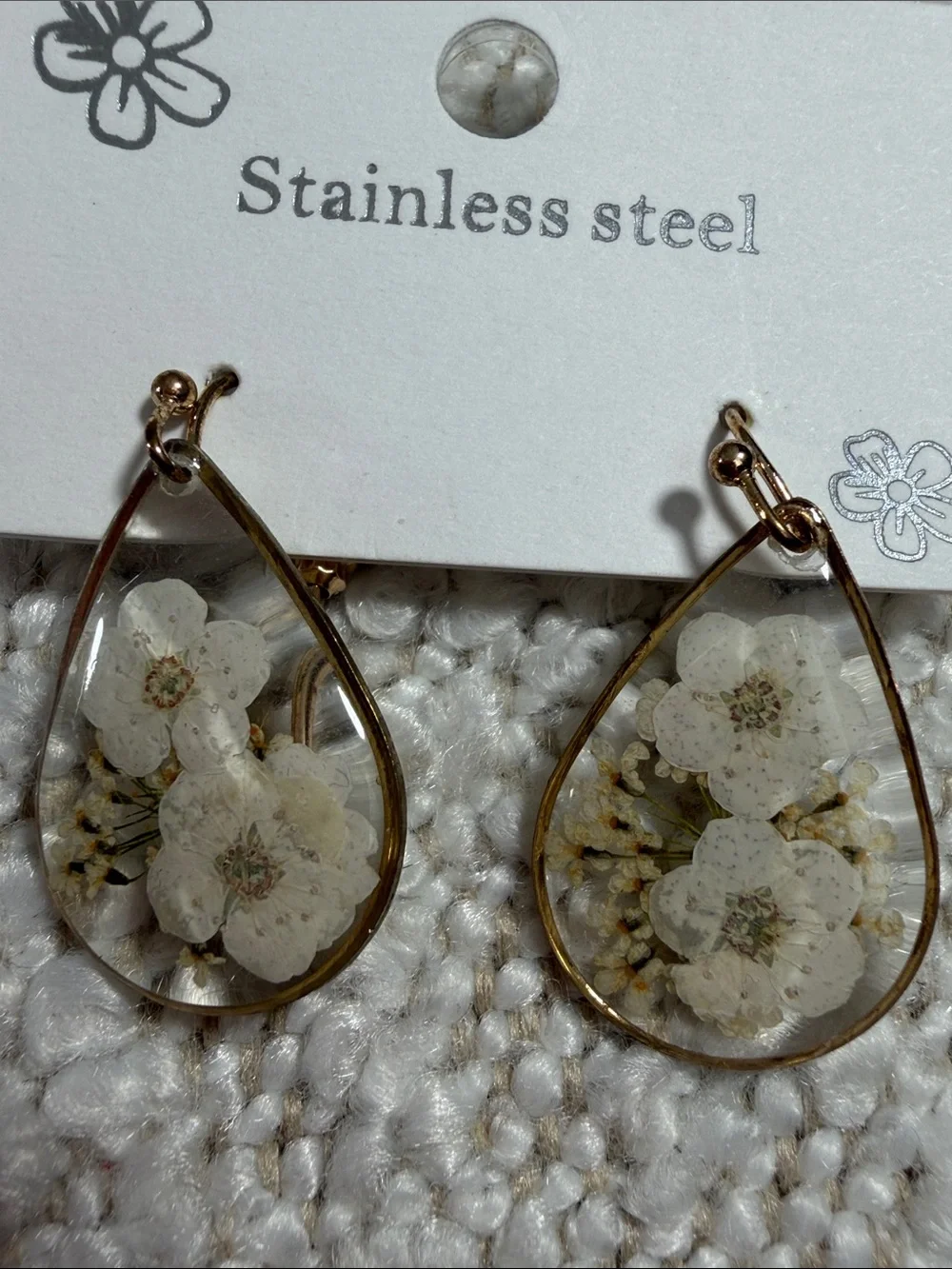 Stainless Steel White Floral Teardrop Earrings